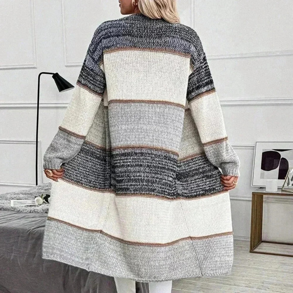 Multicolor Casual Women's Patchwork Loose Dual Pocket Long Cardigan - Picture 2 of 6